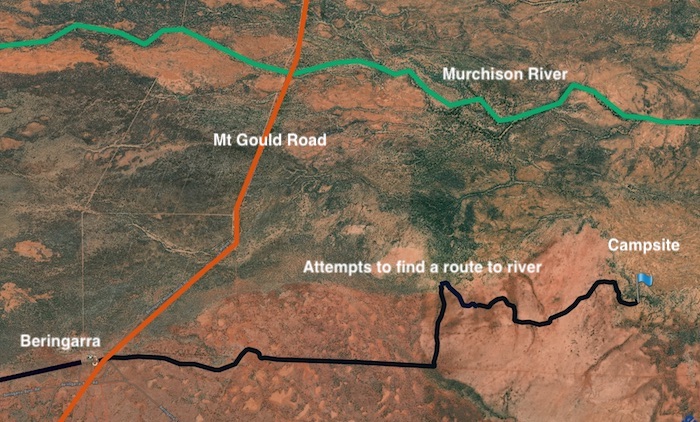 First night's campsite after repeated attempts to find a way to the river.