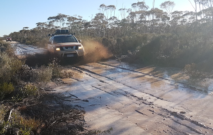Mushy and Ray in the Navara cruise through the boghole near Peters Soak.