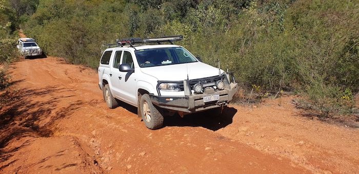 Justin and Amy in their Amarok finishing the powerline.