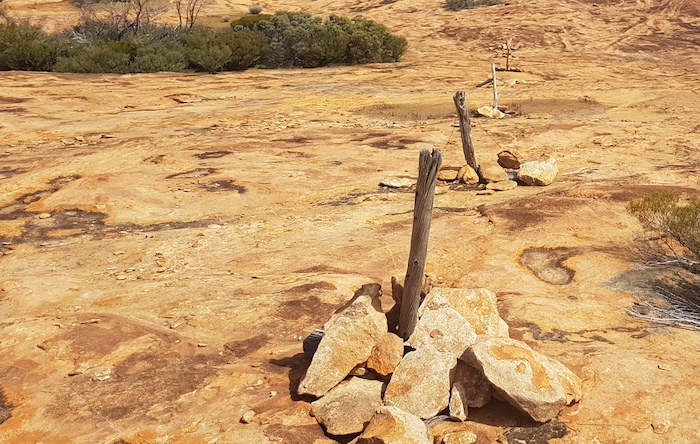 Builders of the fence had to use whatever was available to keep the posts upright. The wire struts have rusted little in the dry environment.